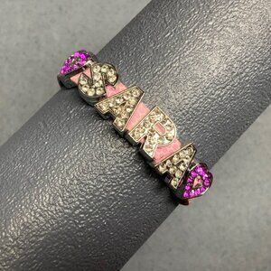 "Sara" Name Bracelet 7 In Pink Faux Leather Rhinestone Hearts Adjustable Buckle
